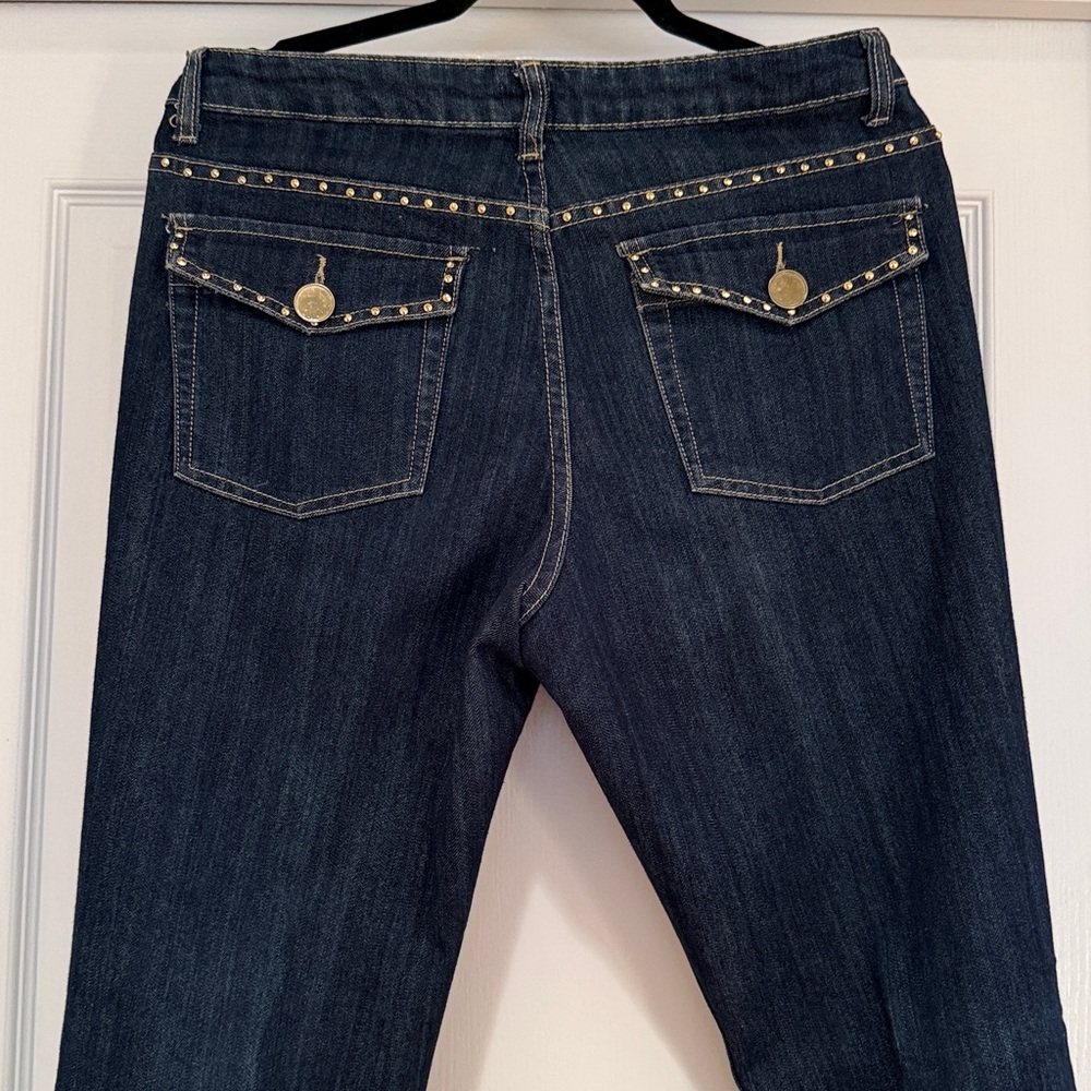 Marshall Rousso Dark Blue Flare Jeans with gold dots on the back pockets